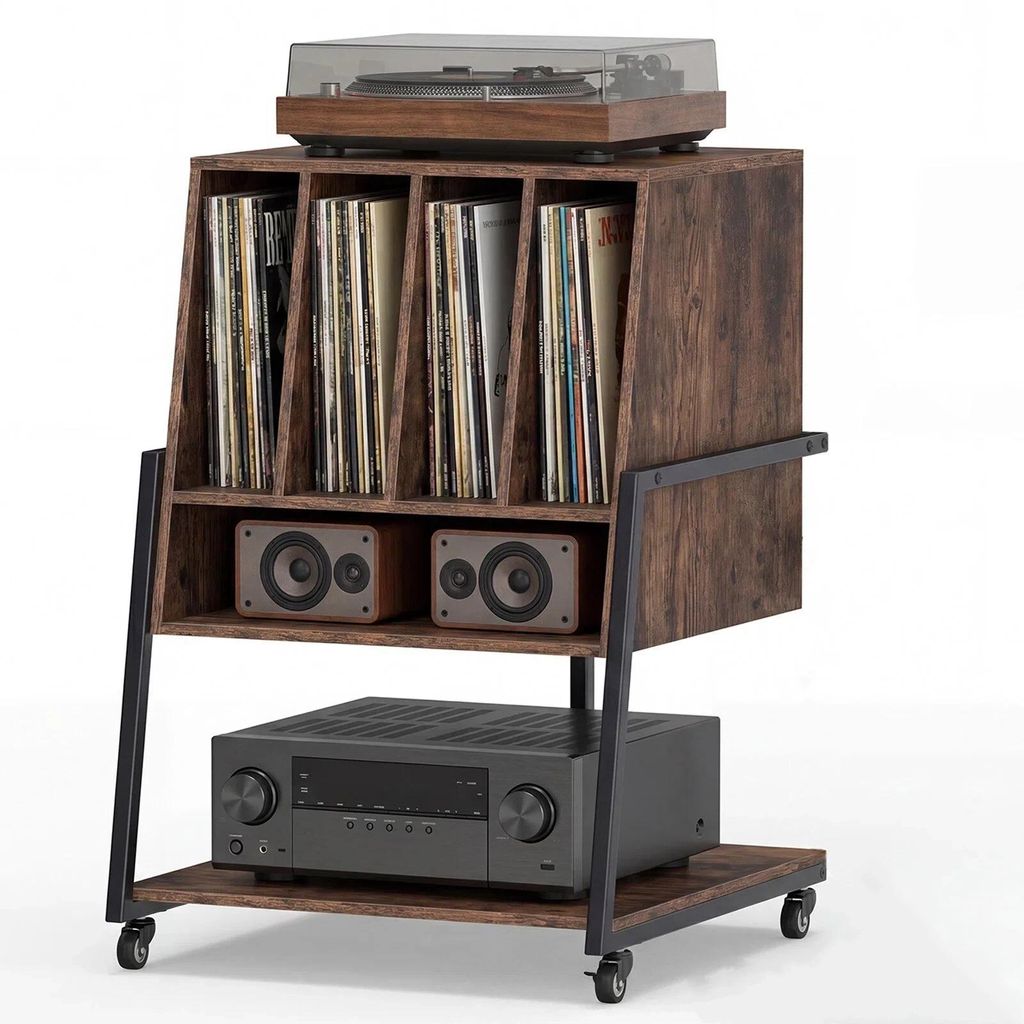 KOMFOTTEU Plattenspielerständer, Vinyl Schallplattentisch mit integrierter Ladestation, breite Tischplatte, 4 Trennwänden & unteres Regal, Schall...