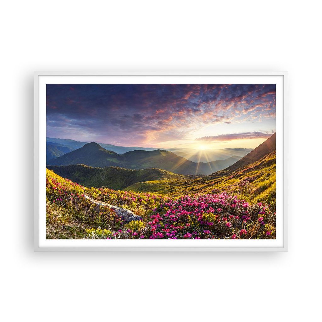 Gerahmtes Poster - Weißer Rahmen - Gebirge Wiese Landschaft Wald - 100x70 cm - Wand Bild - Wanddeko - Wandbilder - Wandposter - Bilderrahmen - Bil...