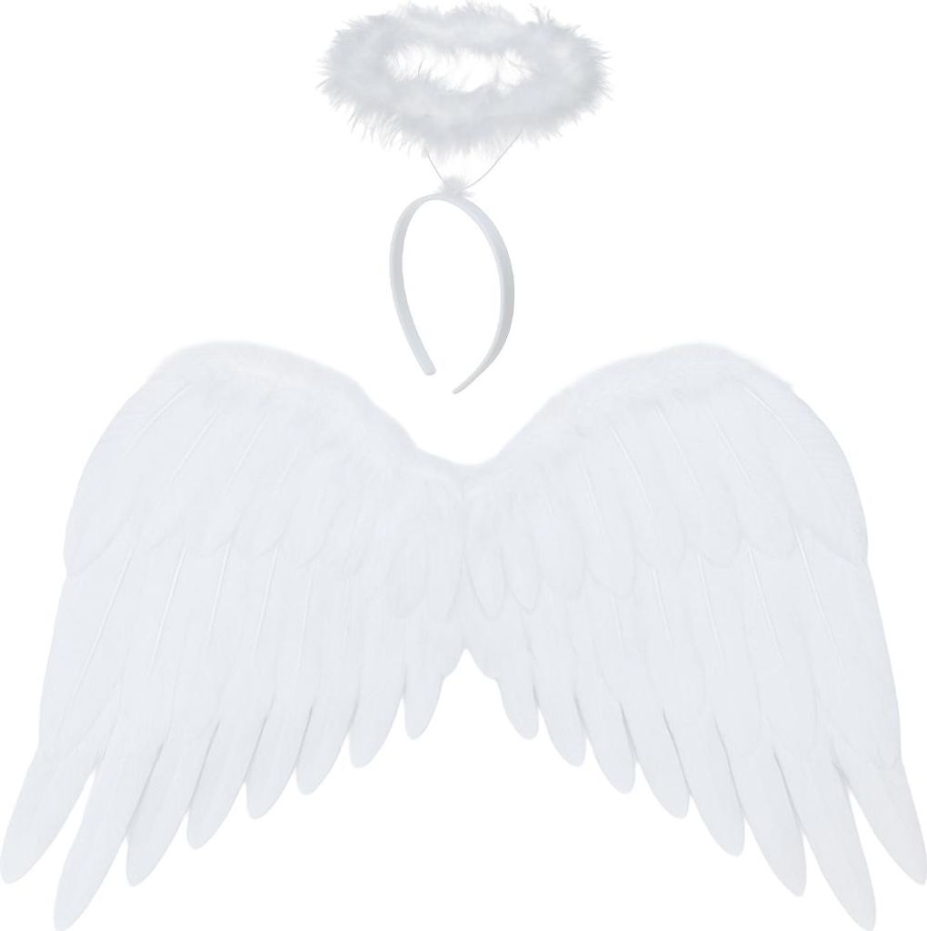 A white angel wing and halo costume set against a white background.