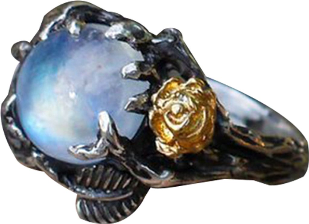 Vintage runder Kunst-Mondstein mit eingelegten Rosenblättern, Damen-Ring, Party-Schmuck-Dekor-Antikes Silber,US 9
