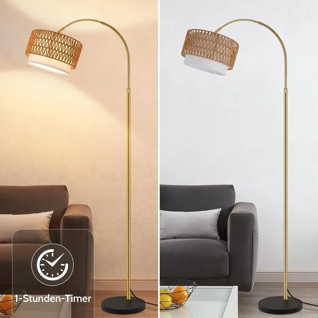 Lampadaire Rotatif 350° en Rotin Doré Dimmable avec LED et Télécommande