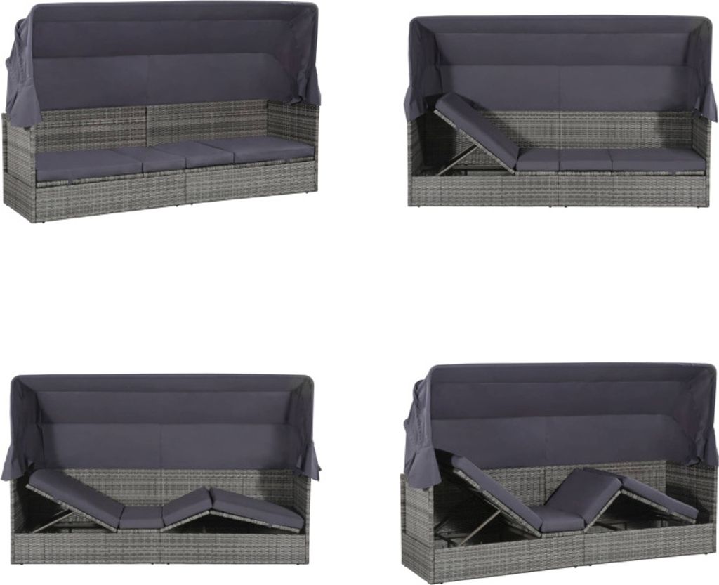 vidaXL Gartenbett mit Baldachin Grau 205×62 cm Poly Rattan - Lounge-Bett - Lounge-Betten - Rattan-Lounge-Bett - Rattan-Lounge-Betten