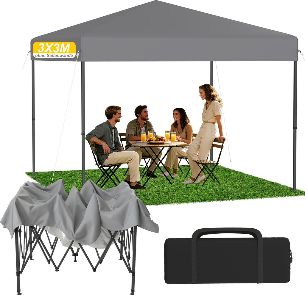 UISEBRT Silber 3x3 m Pop-Up Pavillon, Faltpavillon Ein-Knopf Schnellaufbau, wasserdicht & UV-Schutz, ohne Seitenteile, inkl. Tasche & Erddübel
