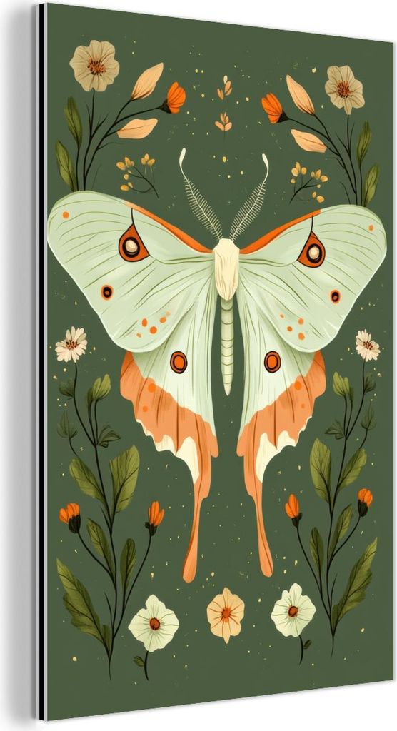 MuchoWow Wanddekoration Metall Metallbild Wandkunst 60x90 cm Blumen - Blätter - Olivgrün - Schmetterling MuchoWow Aluminium Gemälde - Wandbilder...