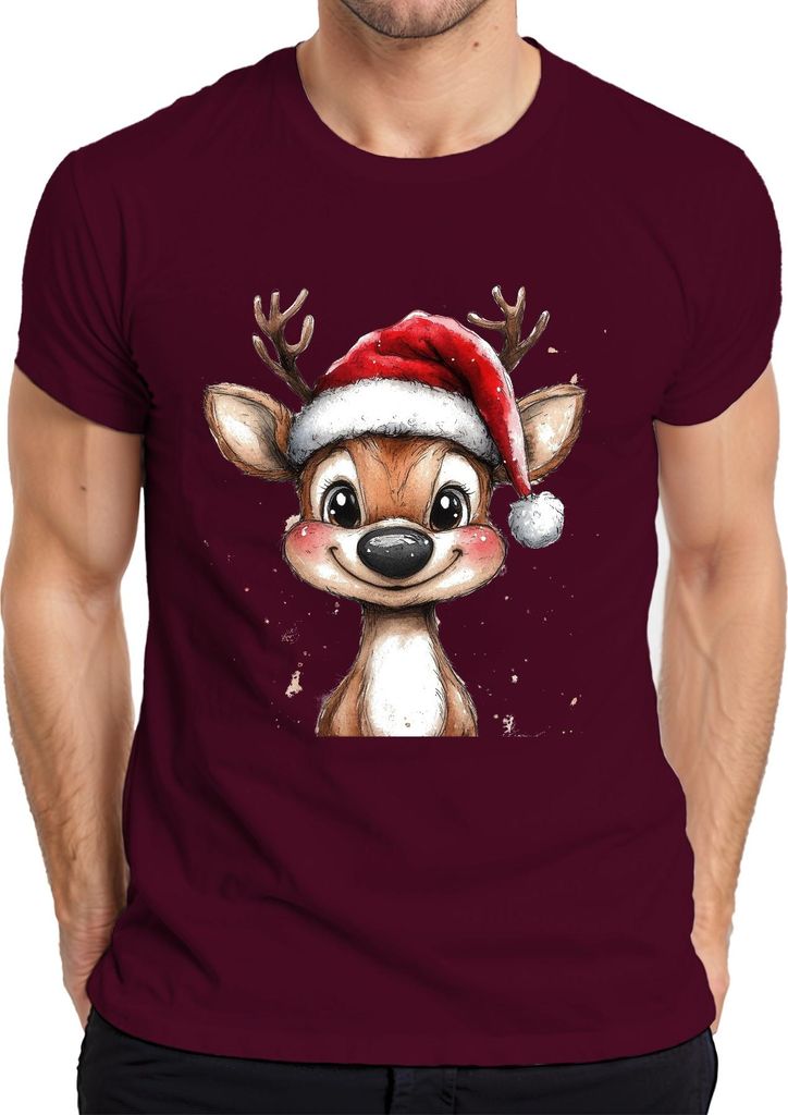 Weihnachtsrentier niedlich Aquarell Kinder Geschenk Vintage Herren T-Shirt, Burgundy, 3XL