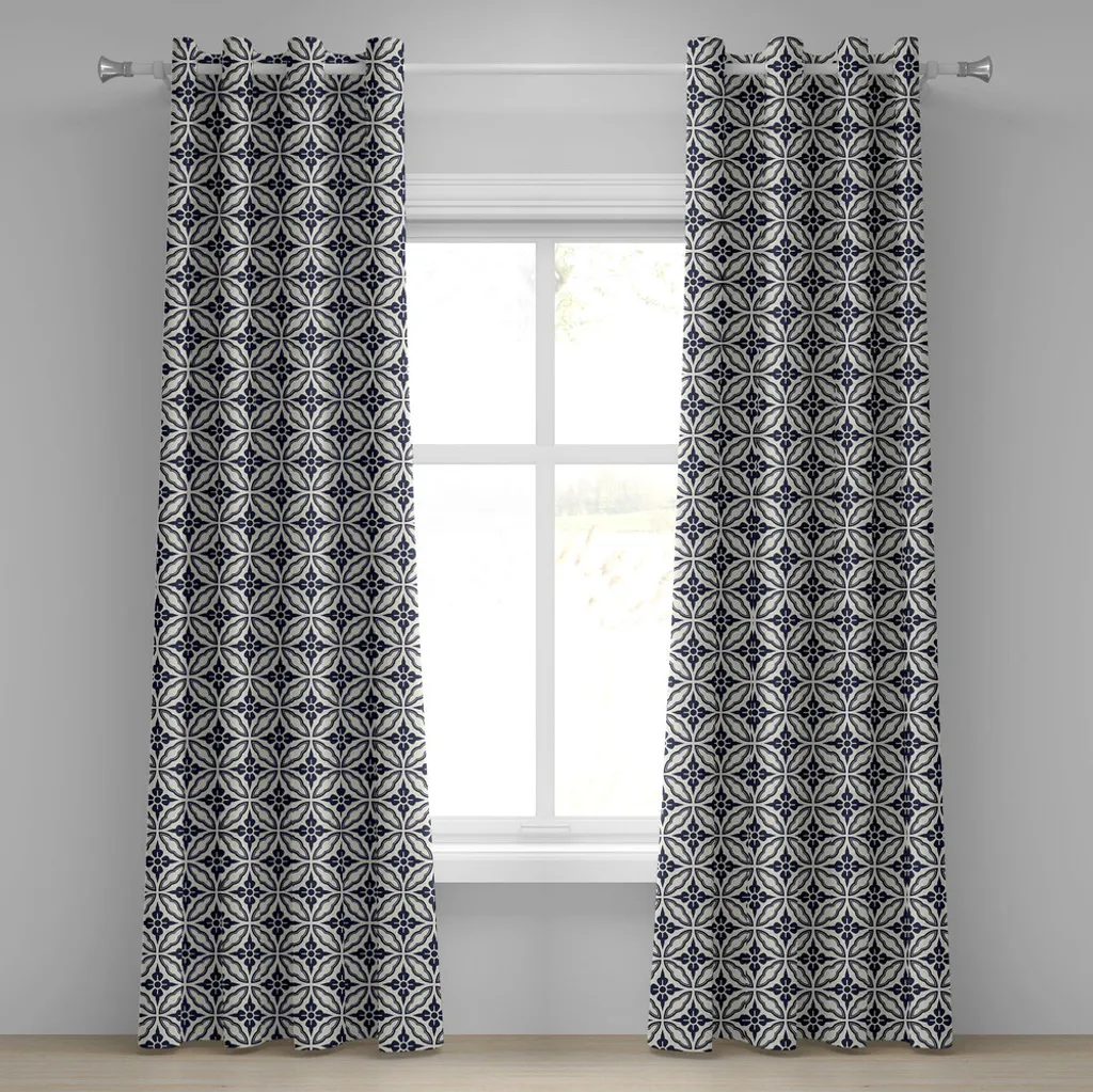 ABAKUHAUS Tenda con occhielli geometrica, motivo circolare simmetrico e ritmico con elementi floreali mandala giapponese, tende decorative a 2 pannelli, 280 cm x 175 cm, blu scuro crema