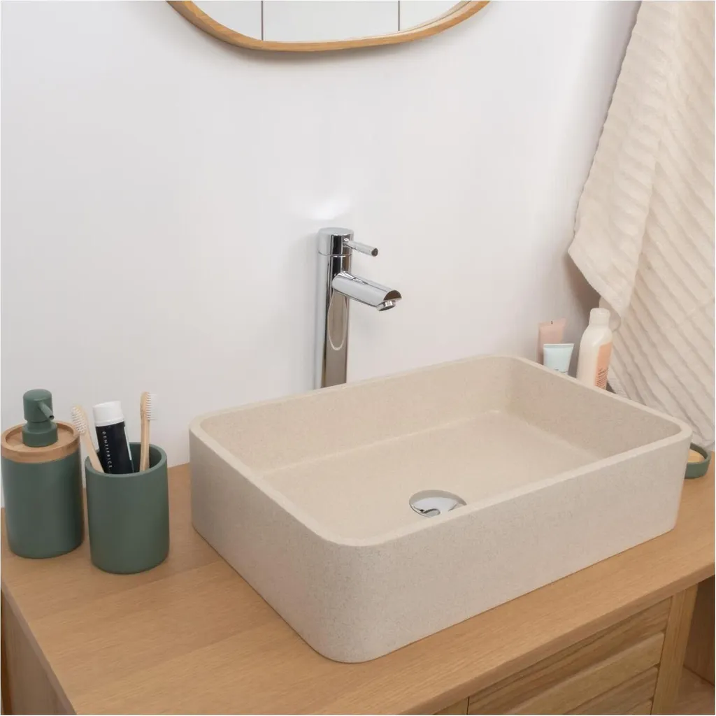 Lavabo à poser rectangulaire en grès beige 50 cm design minimaliste