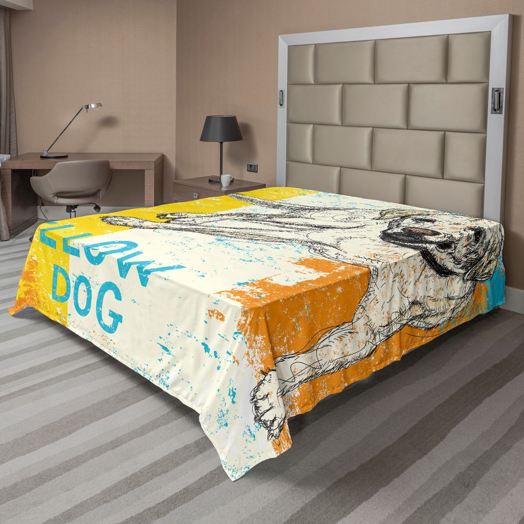 ABAKUHAUS Gelb Bettlaken, Hund Sketch Style Illustration Auf Gestreiften Hintergrund Verwitterten Effekt, weiches bequemes oberes Bettlaken für ei...