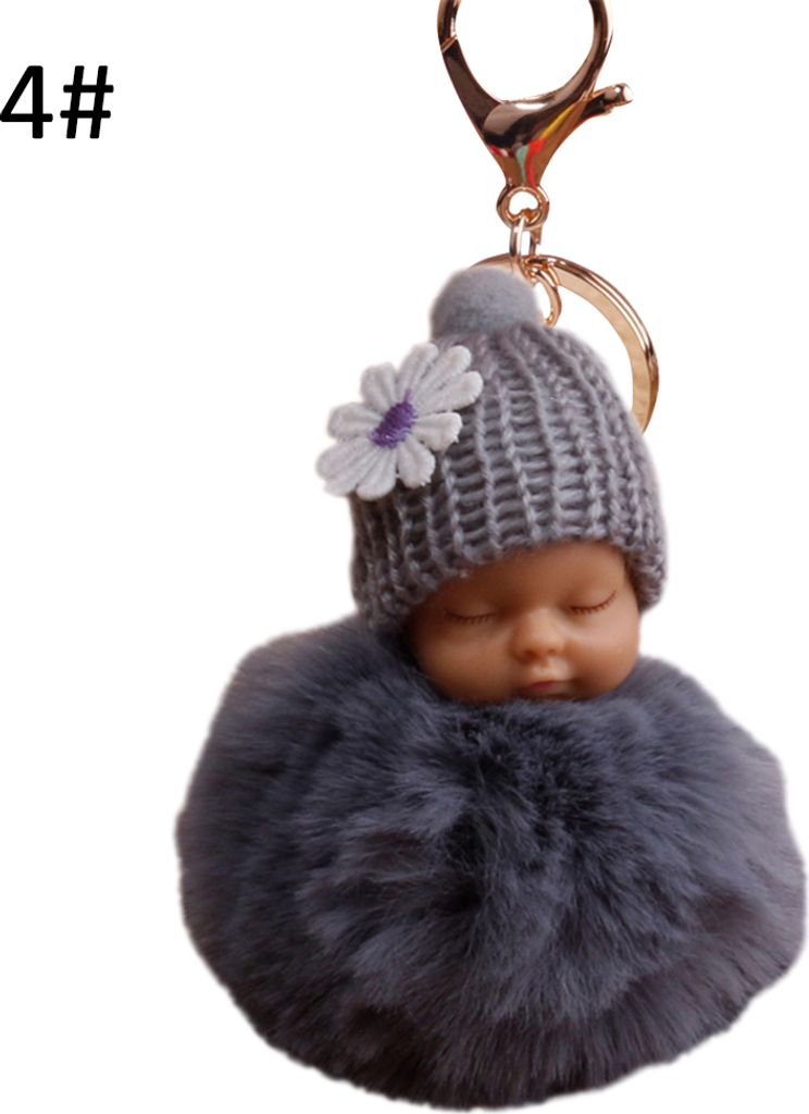 Süßes schlafendes Baby, flauschiger Pompon-Plüschpuppe, hängender Anhänger, Schlüsselanhänger-Grau
