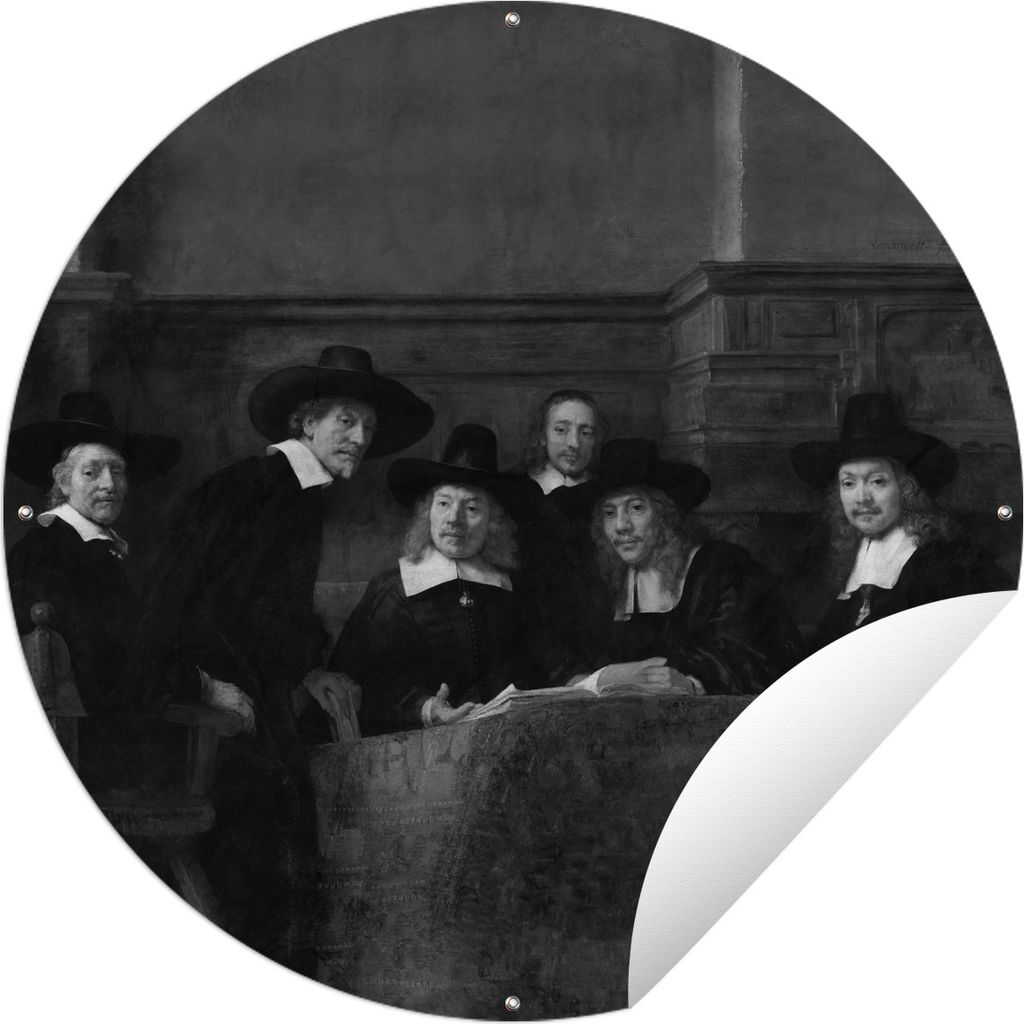 MuchoWow Gartenposter Outdoor-Poster Rund Die Stahlmeister - Gemälde von Rembrandt van Rijn - schwarz-weiß Ø 60 cm Gartendeko Rundes Poster dr...