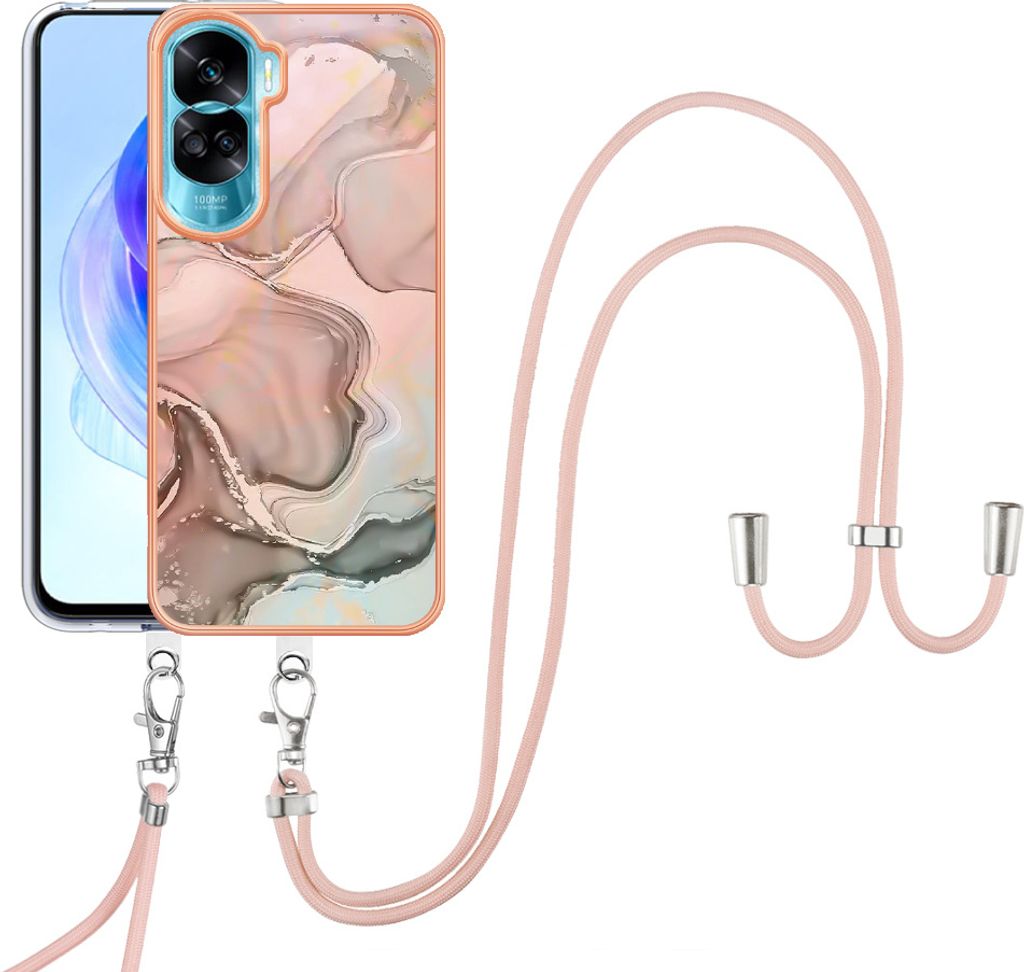 Handykette Hülle für Honor 90 Lite 5G Muster TPU Schutzhülle mit verstellbarem Tragegurt Beige