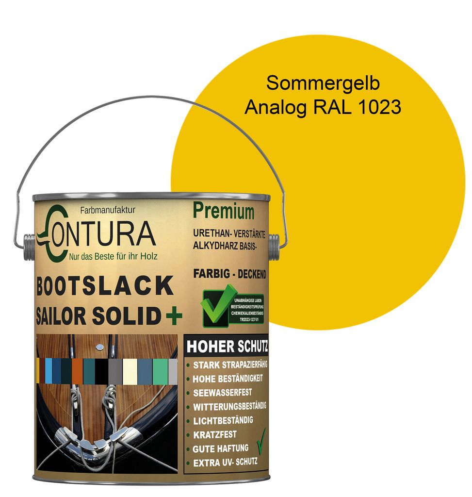 Contura Bootslack 2,5Liter. Farbig Glänzend Yacht- Buntlack Metall Holz GFK Holzlack Schiffslack RAL Boot Farblos - Sommergelb - RAL 1023 Analog