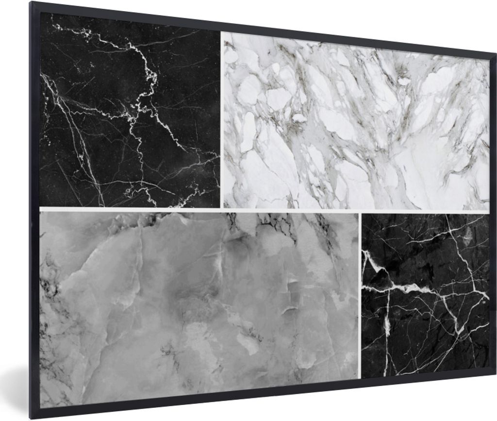 MuchoWow Gerahmtes Poster Marmor - Weiß - Schwarz - Grau 60x40 cm - Poster mit Schwarzem Bilderrahmen Wandposter Rahmen Foto Bilder - Printing -...