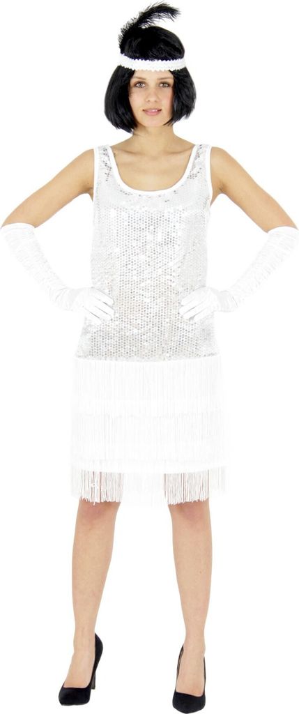 20er Jahre Damen Kleid Charleston Kostüm Mafia 20s Flapper weiß, Größe:S