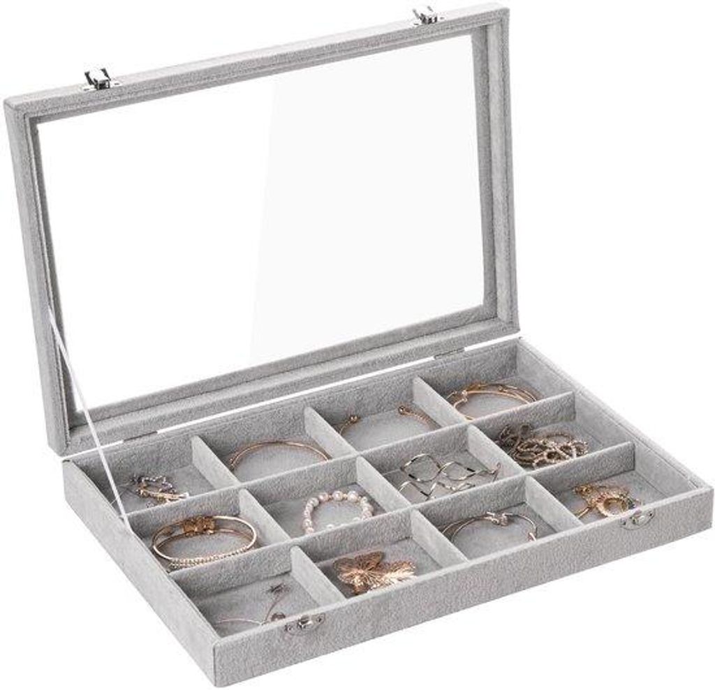 Schnell Trockenlager für Armbänder und Ketten, 12 Fächer, Flauschige Organiserbox mit transparentem Deckel, Schließfach für Halsketten, Damen-...