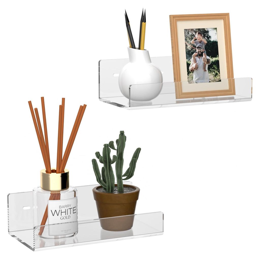 Set aus 2 transparenten Acryl-Wandregalen, schwebende Regale für Bücher, Wohnaccessoires, Digitaluhr, Lautsprecher oder Weinflasche.
