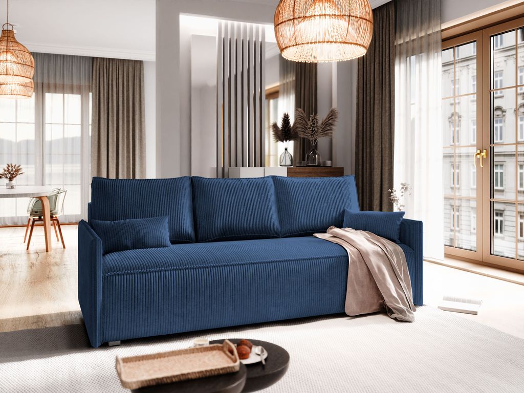 Sofa MESTOR Blau Kordstoff mit Schlaffunktion, Sofa mit Bettkasten, Sofa mit Bettkasten, Wohnzimmersofa, Couch, Soffa, Bettsofa, Couchgarnitur- Bla...