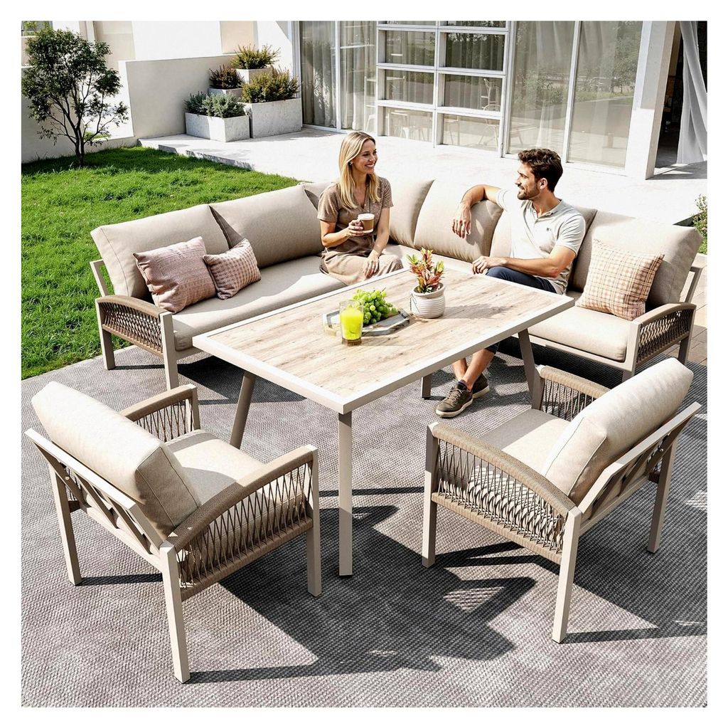 Wetterfestes L-förmiges Gartensofa für 8 Personen, Eisengestell mit beigen Kissen, inkl. Tisch mit Holzoptik-Glasplatte und 2 handgeflochtenen Se...