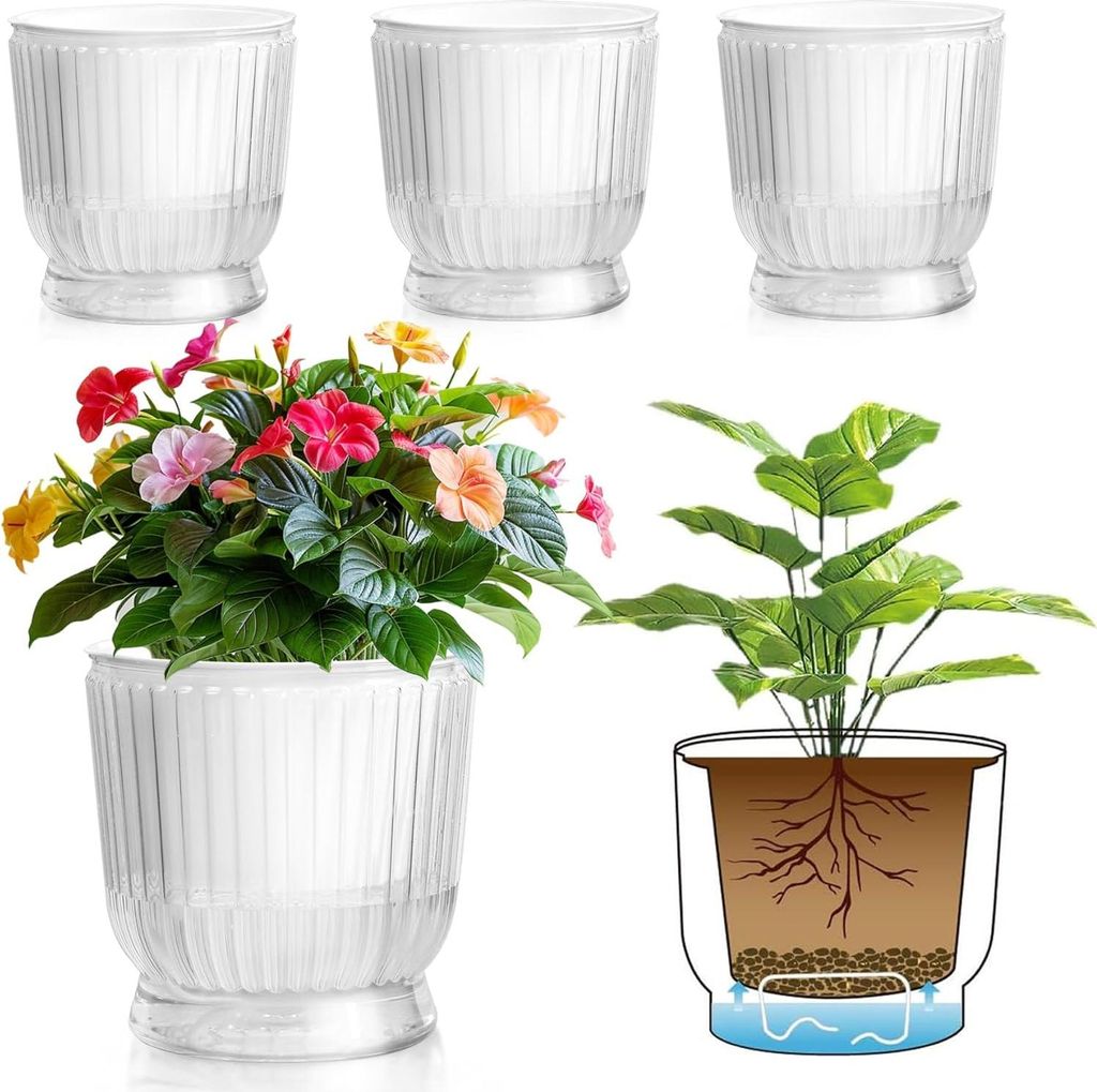 Selbstbewässernde Kunststoff-Blumentöpfe - Set von 4 für Zimmerpflanzen Blumen - Afrikanische Veilchen - 15,2 cm transparent