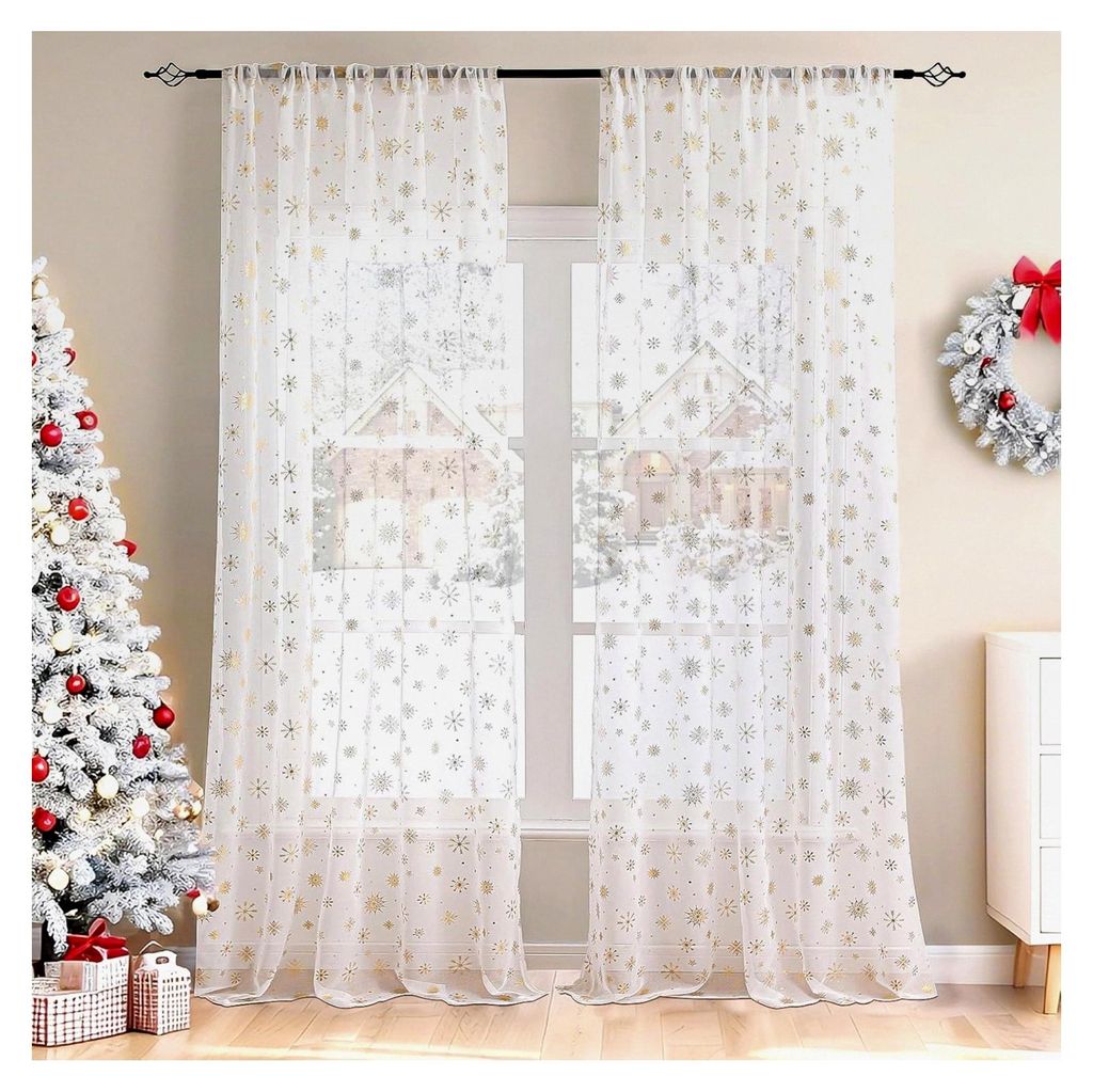 Transparente Weihnachtsvorhänge mit Kräuselband im 2er Set, Voile Gardinen mit goldenem Muster, H220 x B140 cm