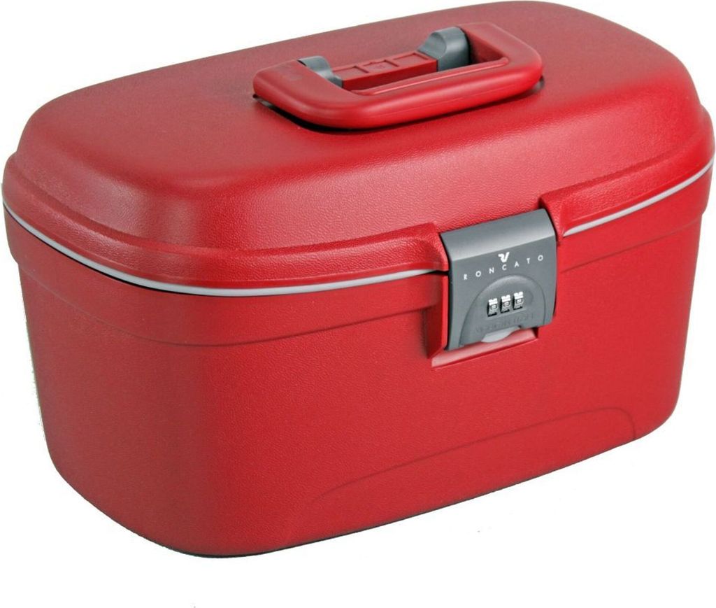 A red beauty case with a combination lock is shown against a white background.
