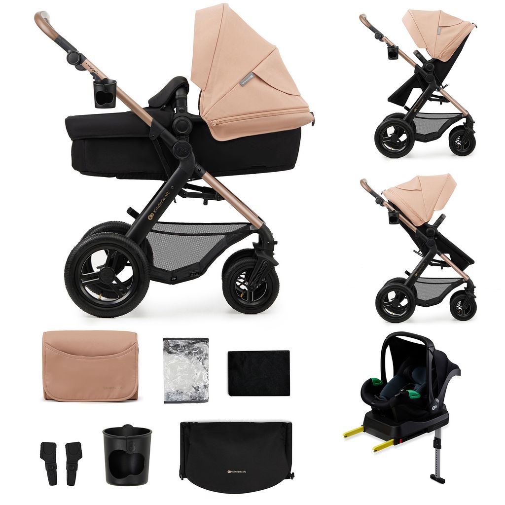 Kinderkraft MOOV 2 AIR - 4-in-1 Kinderwagen - Babywanne, Buggy und MINK PRO i-Size - Aufblasbare Räder - UPF50+ Verdeck - Bis 27 kg - Beige