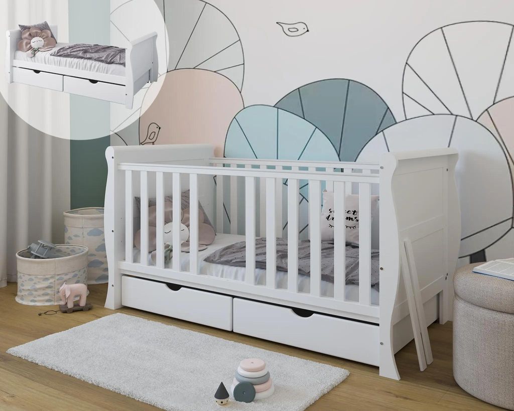 ZEE Weiß Babybett 140x70 cm SCARLET 2in1 mit 2 Schubladen Produktbild 