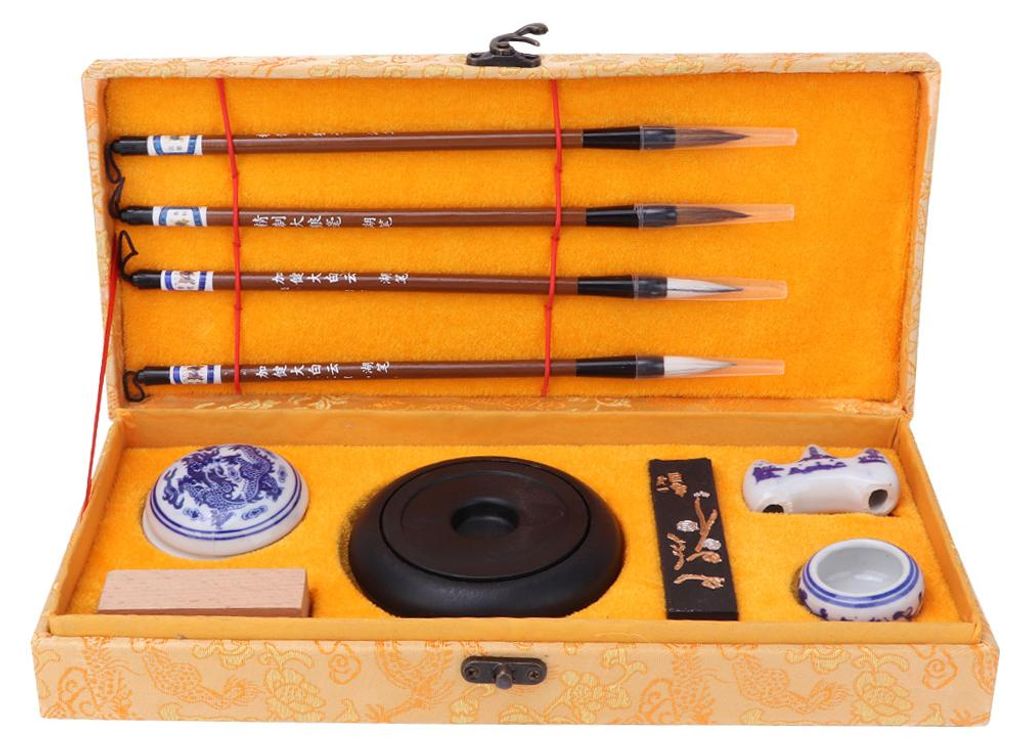 Chinesisches traditionelles Kalligrafie-Set: Vier Schätze des Studiums (Pinsel, Feder, Tusche, Papier, Reibstein)