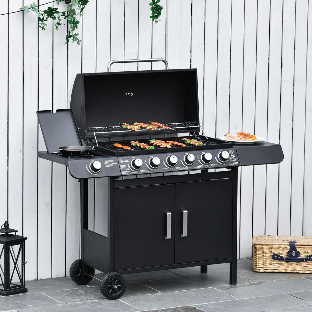 Gasgrill 7 Brenner Grillwagen, BBQ-Grill mit Seitenbrenner und Warmhalterost, Metall emailliert, Schwarz | 135 x 50 x 100 cm | Thermometer