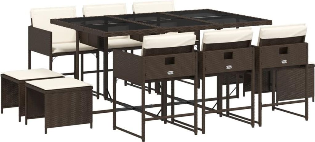 vidaXL 11-tlg. Garten-Essgruppe mit Kissen Braun Poly Rattan