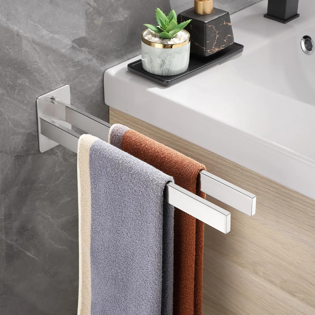Porte-serviettes double inox 304 anti-rouille mural carré 38 cm Argent