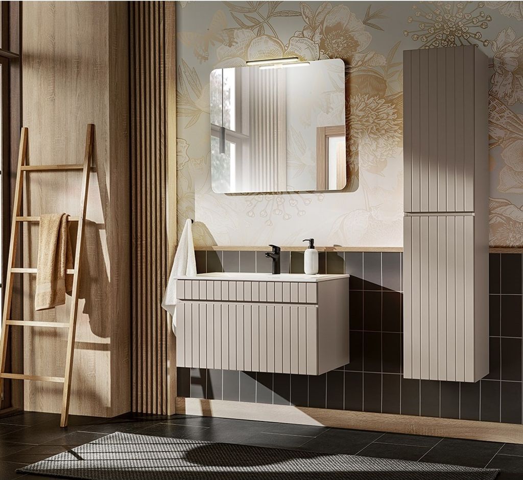 Badezimmer Set 81 cm Waschtisch Hochschrank Spiegel IRAKLIO-56-CASHMERE Kaschmir B/H/T ca. 145/200/46 cm