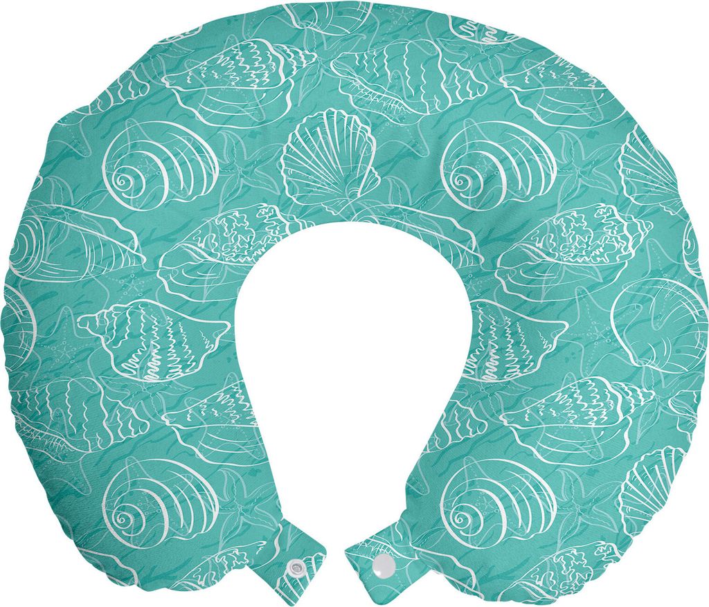 ABAKUHAUS Sea Shells Reisekissen Nackenkissen, Doodle Marine Lines, Schaumstoff Reiseartikel für Flugzeug und Auto, 30x30 cm, Seafoam Weiß