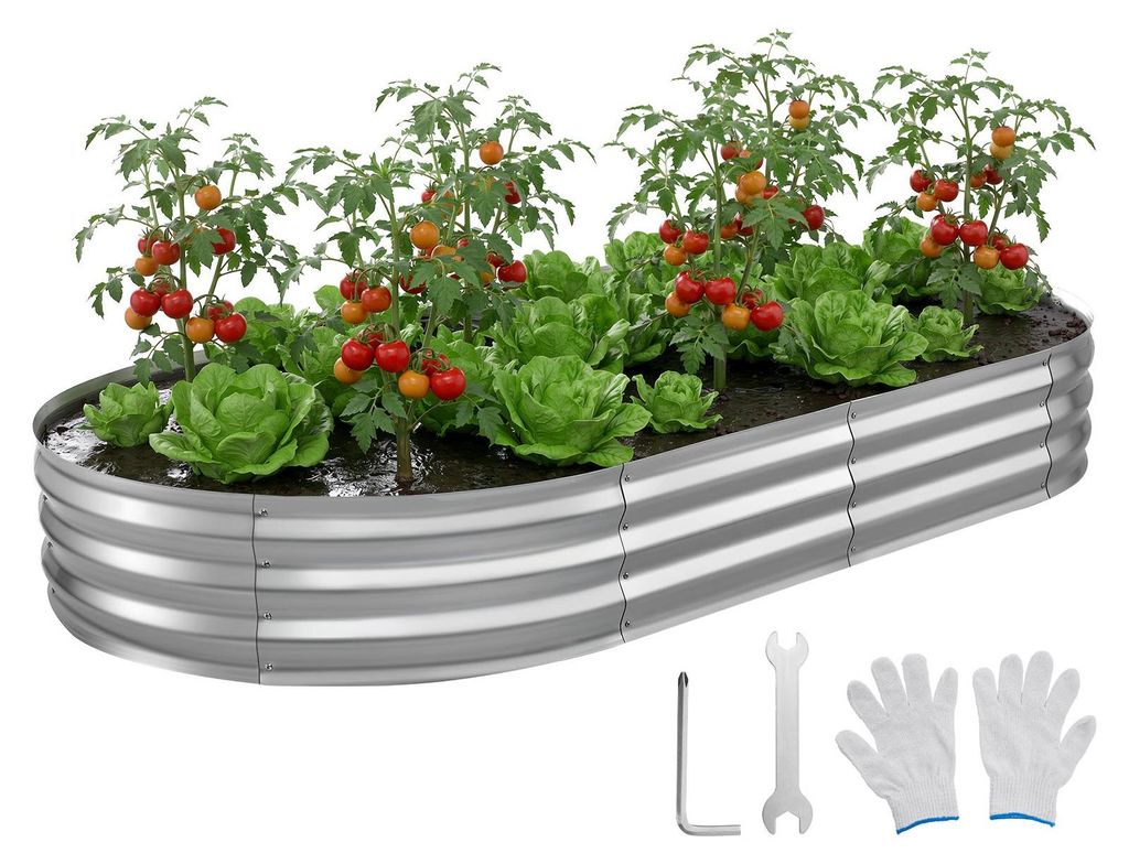 Hochbeet Metall - Ovales Gartenbeet 240 x 120 x 30 cm - Bodenlos - Für Gemüse, Kräuter & Blumen - Für Außenbereich - Inkl. Handschuhe - Silber