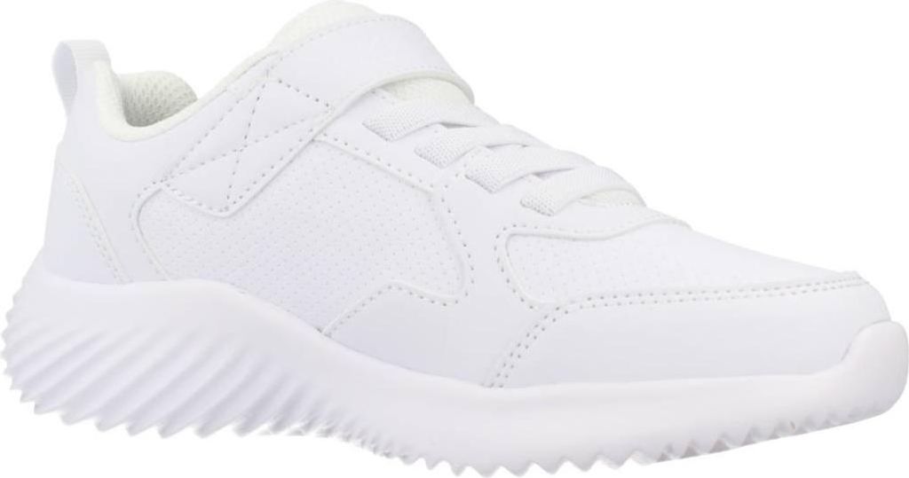 A white sneaker is shown from the side against a white background.