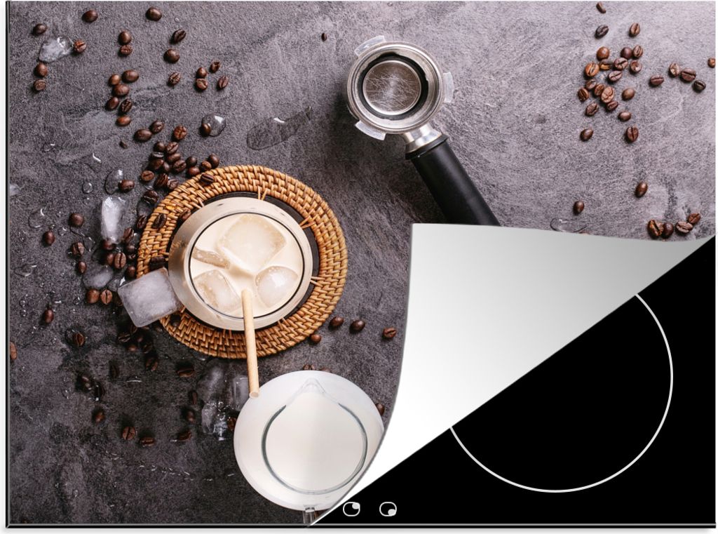 KitchenYeah Herdabdeckplatte Milch - Kaffeebohnen - Küche - Kaffeefilter , 59x51cm, Küche Deko, Glaskeramikfeld Herdabdeckung, Abdeckplatte fù...