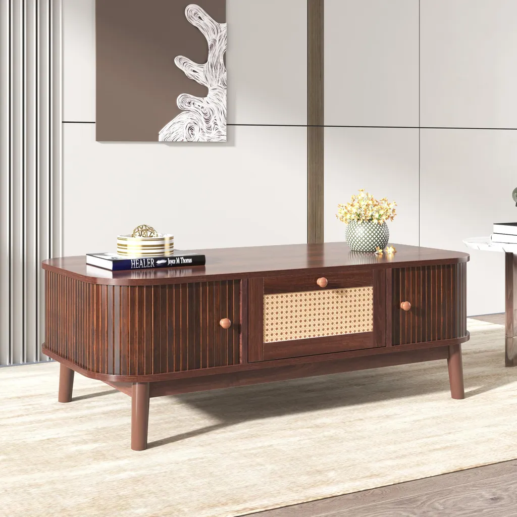 Okwish Table Basse Rotin avec Tiroirs et Portes Coulissantes 110x55x38cm
