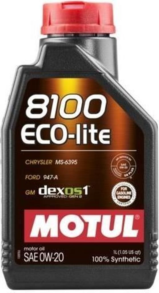 A bottle of Motul 8100 ECO-LITE SAE 0W-20 motor oil.