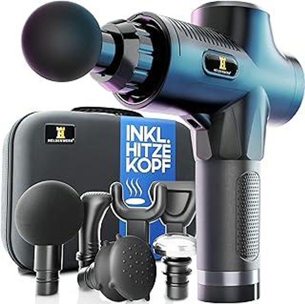 HELDENWERK Massagepistole inkl. 7 Massageköpfen & 30 Geschwindigkeiten, mit USB-C Anschluss und Hitzekopf I Muskel Massagegerät, Massagegun, Musk...