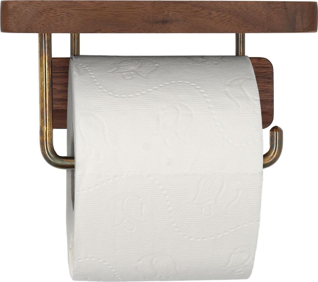 QUVIO Toilettenpapierhalter mit Ablage - Toilettenpapierhalter - Toilettenzubehör - Toilettenbürsten - Holz - Metall - 10 x 18 x 10 cm (lxbxh)