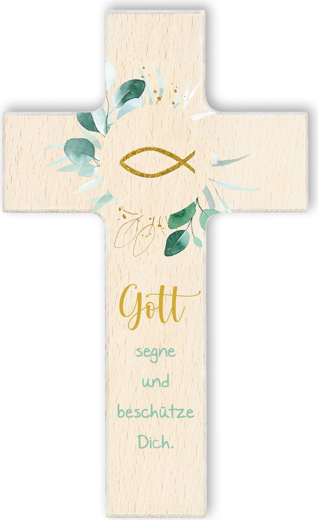 FRITZ COX Holzkreuz "Fisch" | Gott segne und beschütze Dich | christliches Geschenk für Kinder natur,20cm