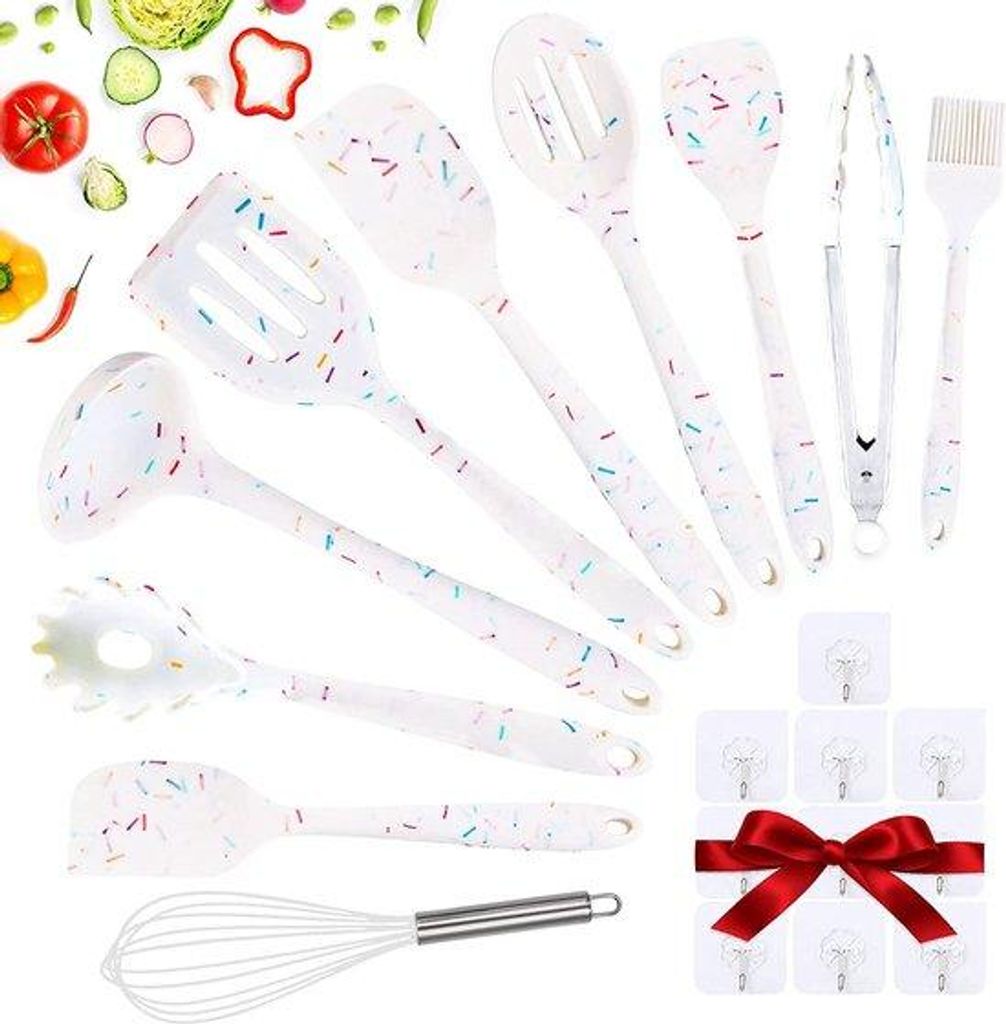 10-teiliges Silikon Küchenutensilien-Set zum Kochen, umfassend mit Kochlöffel, Spatel und Haken