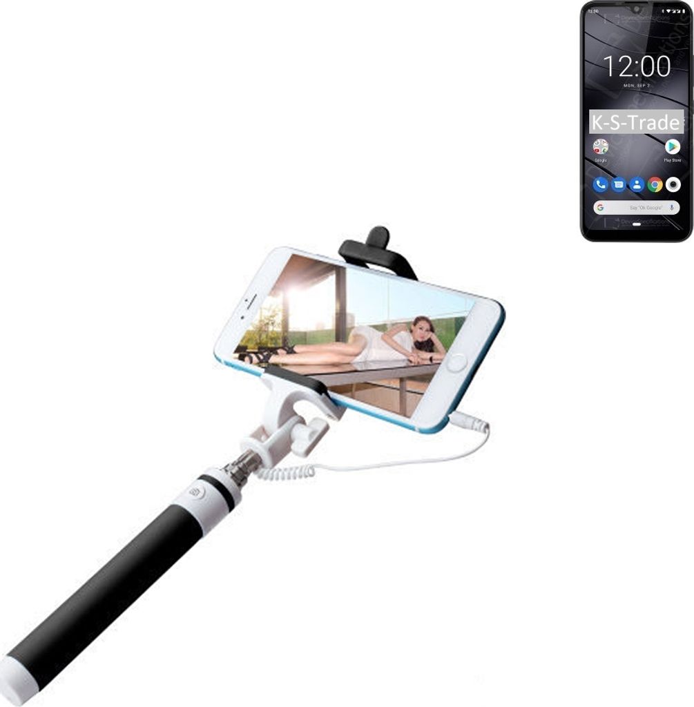 K-S-Trade Selfie Stick kompatibel mit Gigaset GS190 Selfiestick kabelgebunden Monopod mit Kabel Stab Stange Selfportrait Handheldstick schwarz 1x