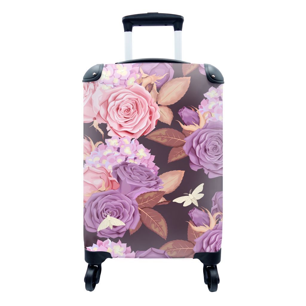 MuchoWow Koffer Handgepäck Trolley Rollkoffer Kleine Reisekoffer mit 4 Rollen - Blumen - Lila - Rosa - Schmetterlinge - Cabin Size < 55x40x23 cm...