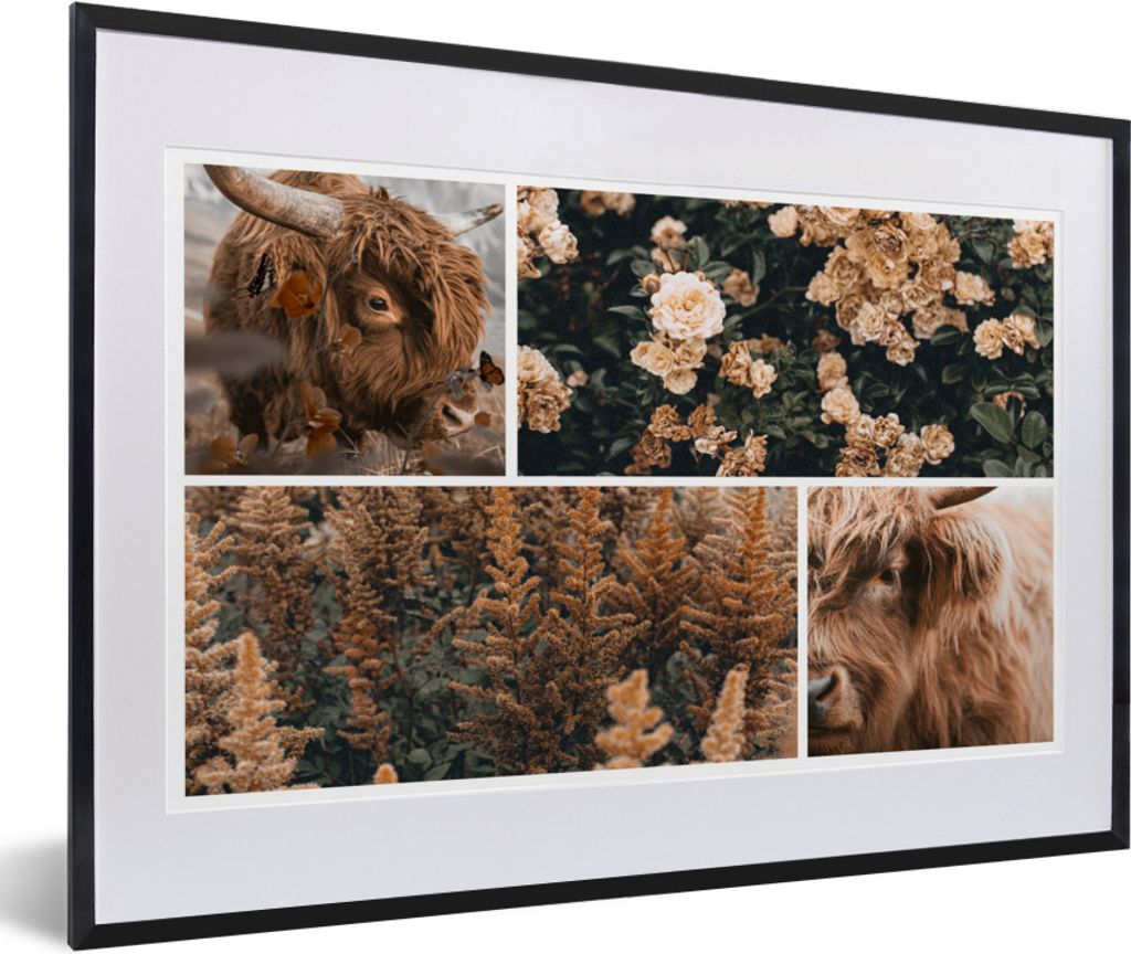 MuchoWow Gerahmtes Poster Scottish Highlander - Blumen - Pflanzen - Braun 60x40 cm - Poster mit Schwarzem Bilderrahmen Wandposter Rahmen Foto Bil...