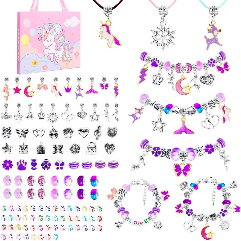 A collage of various jewelry-making components and finished bracelets and necklaces, along with a gift bag.