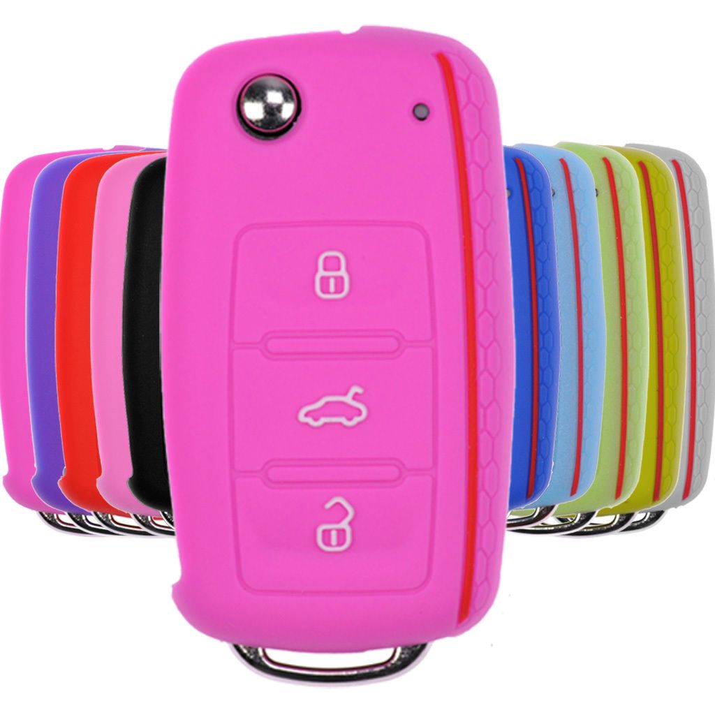 Auto Schlüssel Hülle Silikon Schutz Cover im Wabe Design Rosa kompatibel mit VW SEAT Skoda Golf 6 Octavia UP Leon ab 11/2009 3 Tasten Klappschlü...