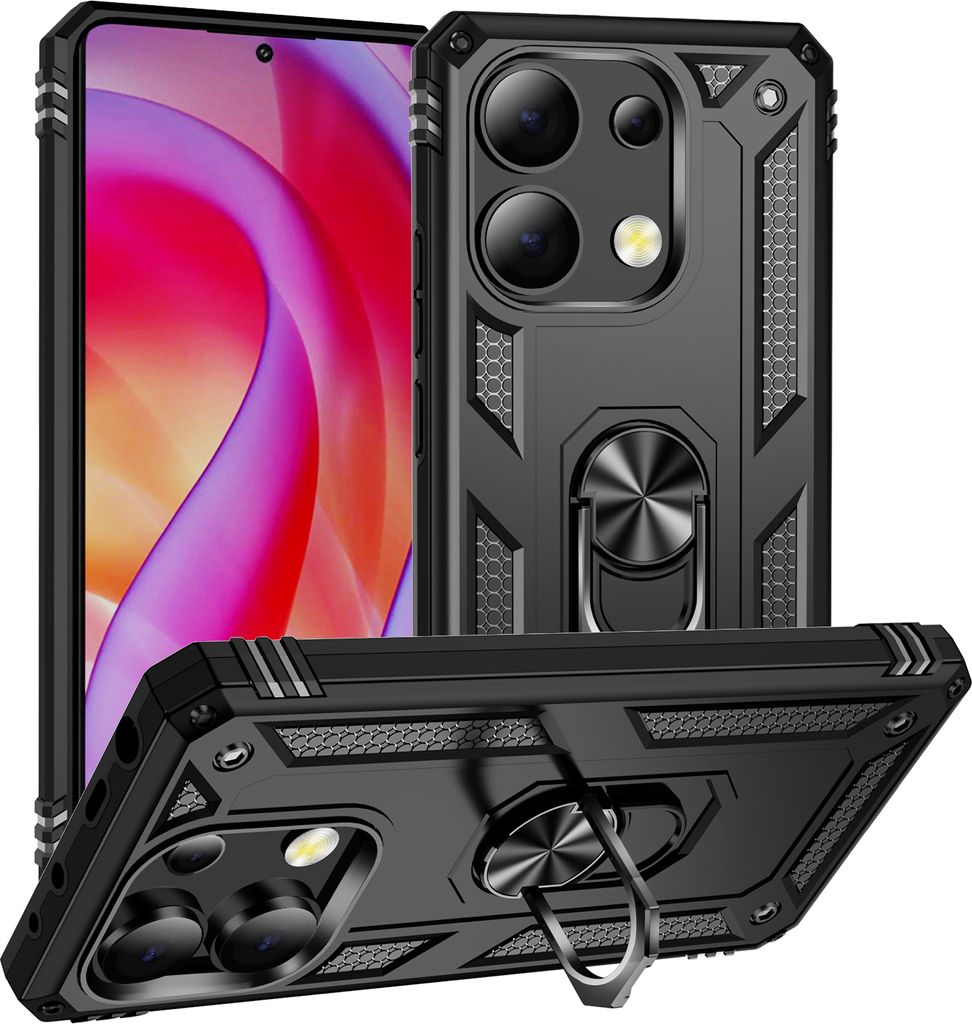 Schutzhülle für Xiaomi Redmi Note 13 Pro+ 5G Dual Layer Robust Militäre Fallschutz Hülle mit Ringhalterung Ständer Schwarz