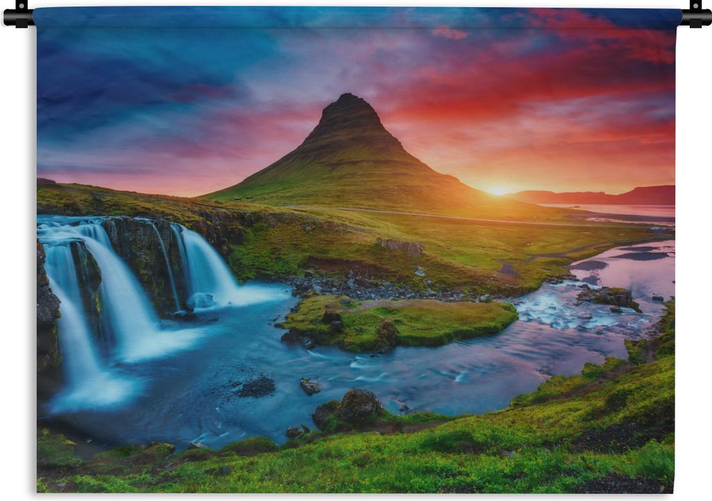 MuchoWow Wandteppich Wandbehang Wasserfall - Berg - Moos - Sonnenuntergang - Natur 120x90 cm Tapisserie Dekoration Wandtuch - Wohnen - Aufhänger...