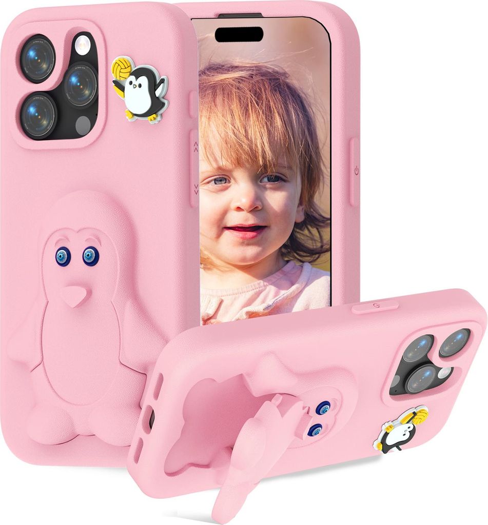 Kinder Handyhülle aus EVA für iPhone 14 Pro Max, Weiche Stoßfeste Schutzhülle mit Pinguin Ständer Pink